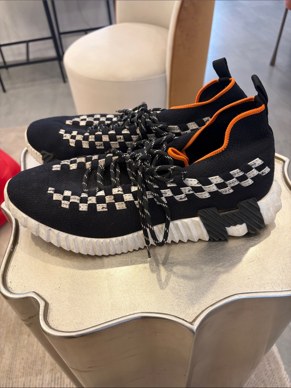 Hermes Black Knit Sneakers with Orange Trim